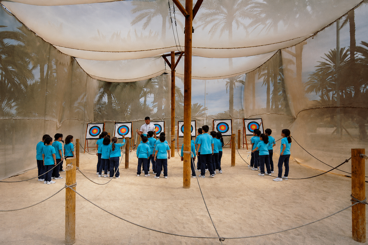 Niños practicando tiro con arco en el parque multiaventura de Elche